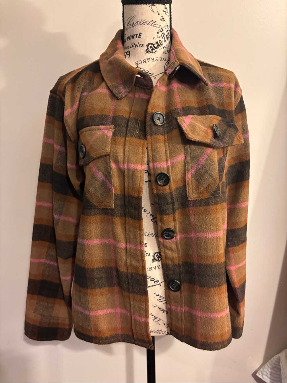 BB Dakota Brown Plaid Jacket with Pink Stripes